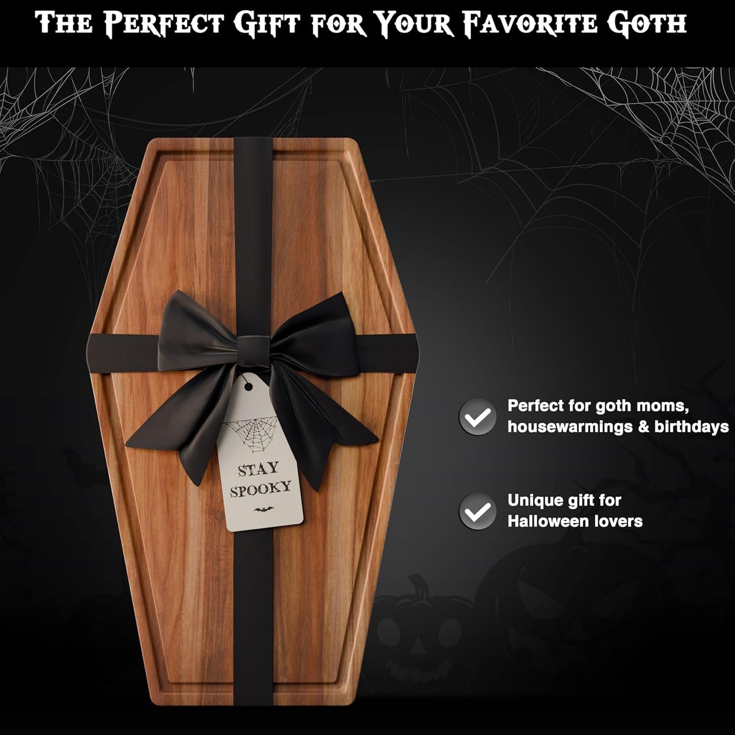 New - Large Coffin Charcuterie Board - Gothic Acacia Wood Coffin Shaped Cutting Board 17X10.5Inch, Halloween Wooden Serving Tray, Goth Platter, Spooky Decor Gifts
