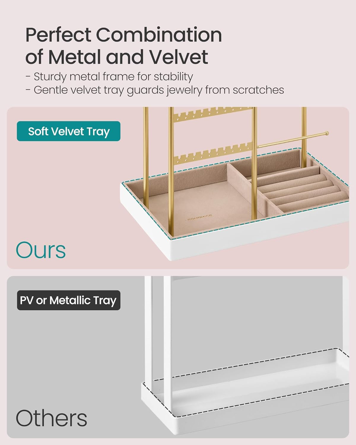2-Layer Jewelry Box Bundle with Jewelry Holder, Jewelry Organizer with Handle, Floating Effect, Jewelry Display Stand with Metal Frame, White and Pale Gold UJBC165W01 and UJJS028A01