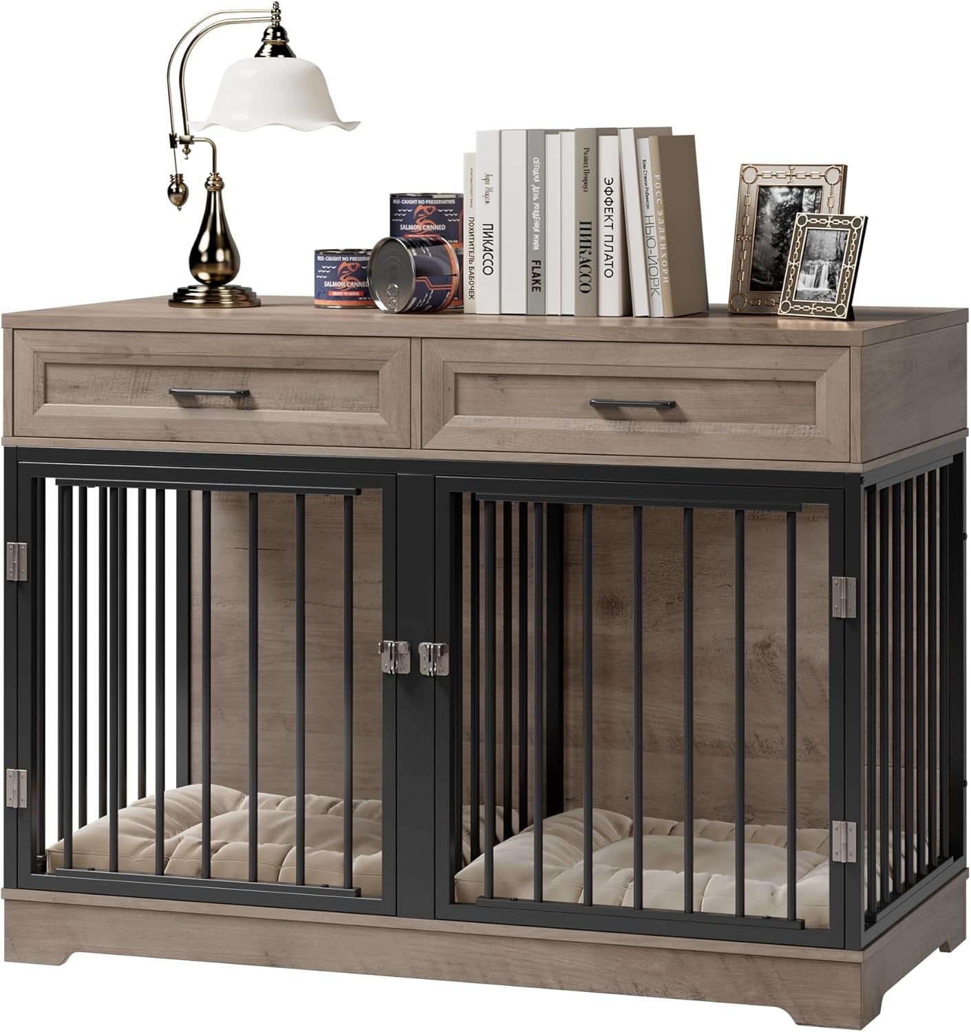 Dog Crate Furniture 47" Wooden Dog Kennels for Dogs Indoor with a Removable Divider for Large/Medium/Small Dogs, 2 Storage Drawers and Large Tabletop Dog Cages Double Doors Dog House, White