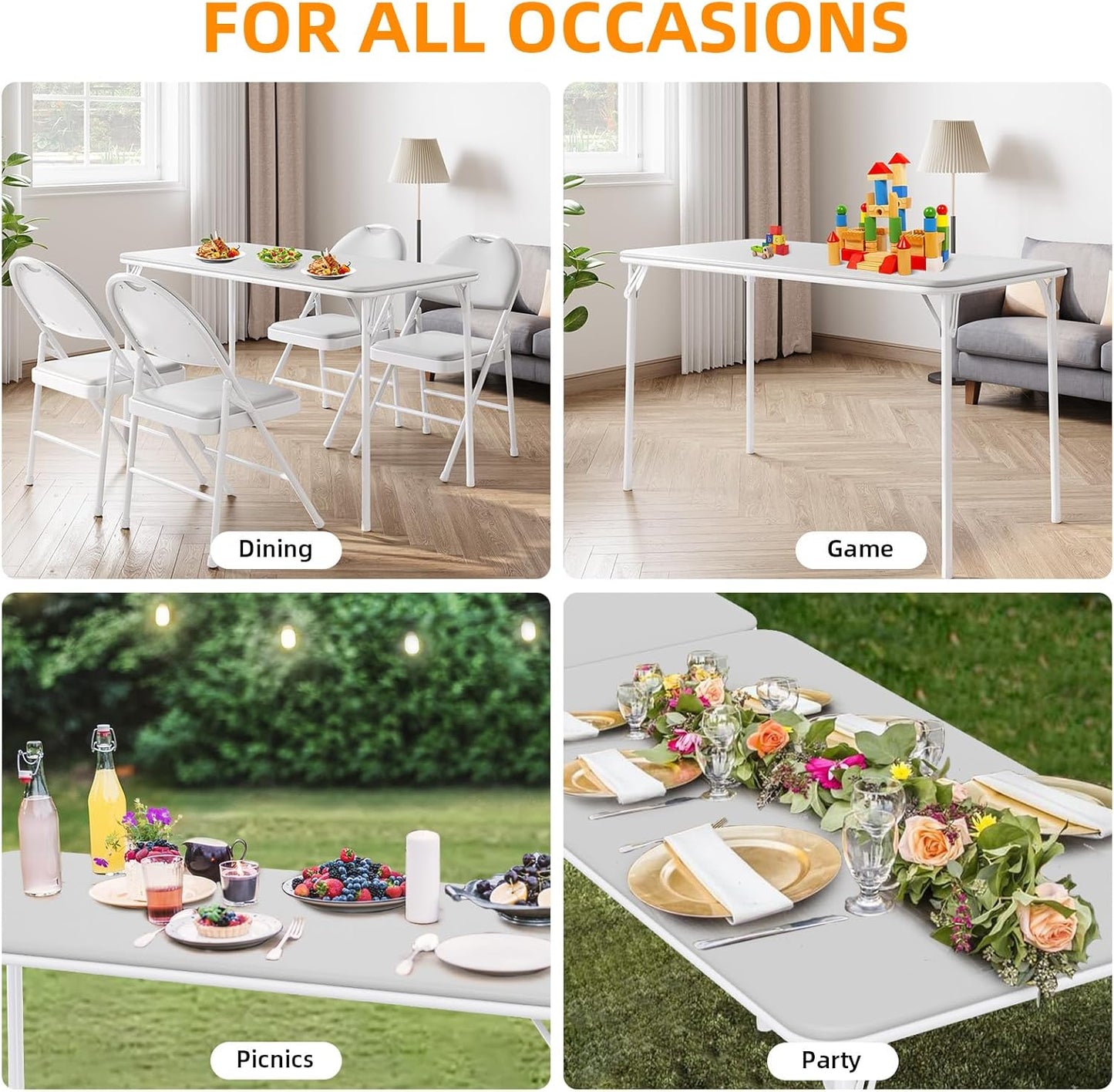 Protable Folding Table and Chairs, 5 Piece Folding Card Table and Chairs Set, Foldable PU Upholstered Table and Chairs Set of 5, for Dining Room, Living Room, Office, Camping, Gray