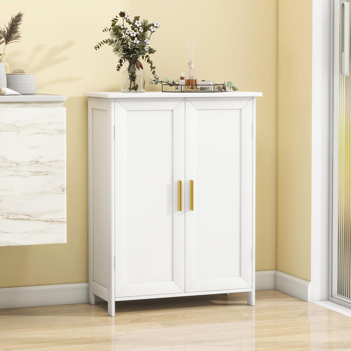 Bathroom Storage Floor Cabinet Freestanding Organizer with Adjustable Shelves for Bathroom Bedroom Laundry Room,4 Doors
