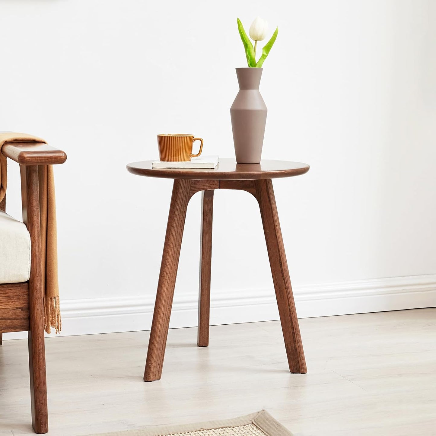 100% Solid Oak round Side Table, Small Side Table for Small Spaces, 3-Legged Living Room End Tables with Stable Frame for Bedroom Couch Side Entryway, Walnut