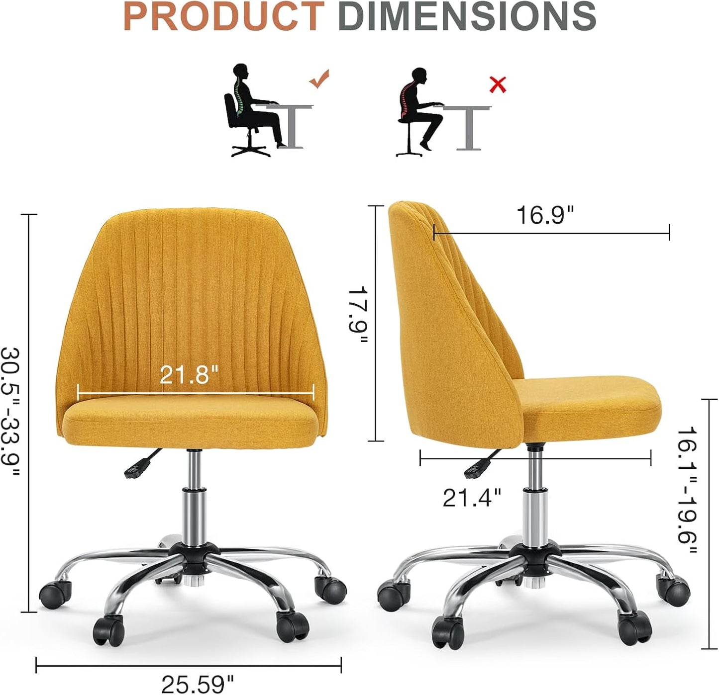 Office Desk Chair, Modern Cute Rolling Vanity Swivel Task Chairs with Wheels, Comfortable Back Seat Armless for Home, Bedrooms, Office, Study, Student, Adults, Make-Up, Dressing Room, Yellow