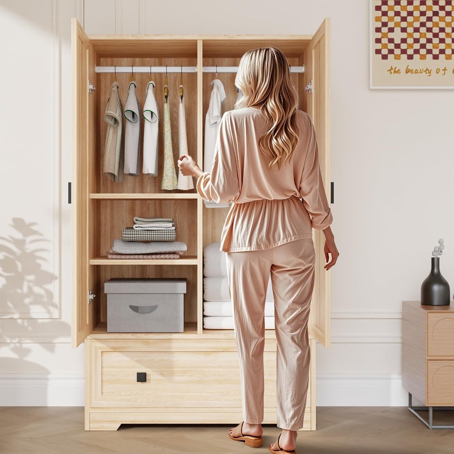 Armoire Wardrobe Closet with Doors, Hanging Rod, Shelves and Drawer - Freestanding Cabinet for Bedroom, Dorm - Oak, 38" W X 21" D X 65" H