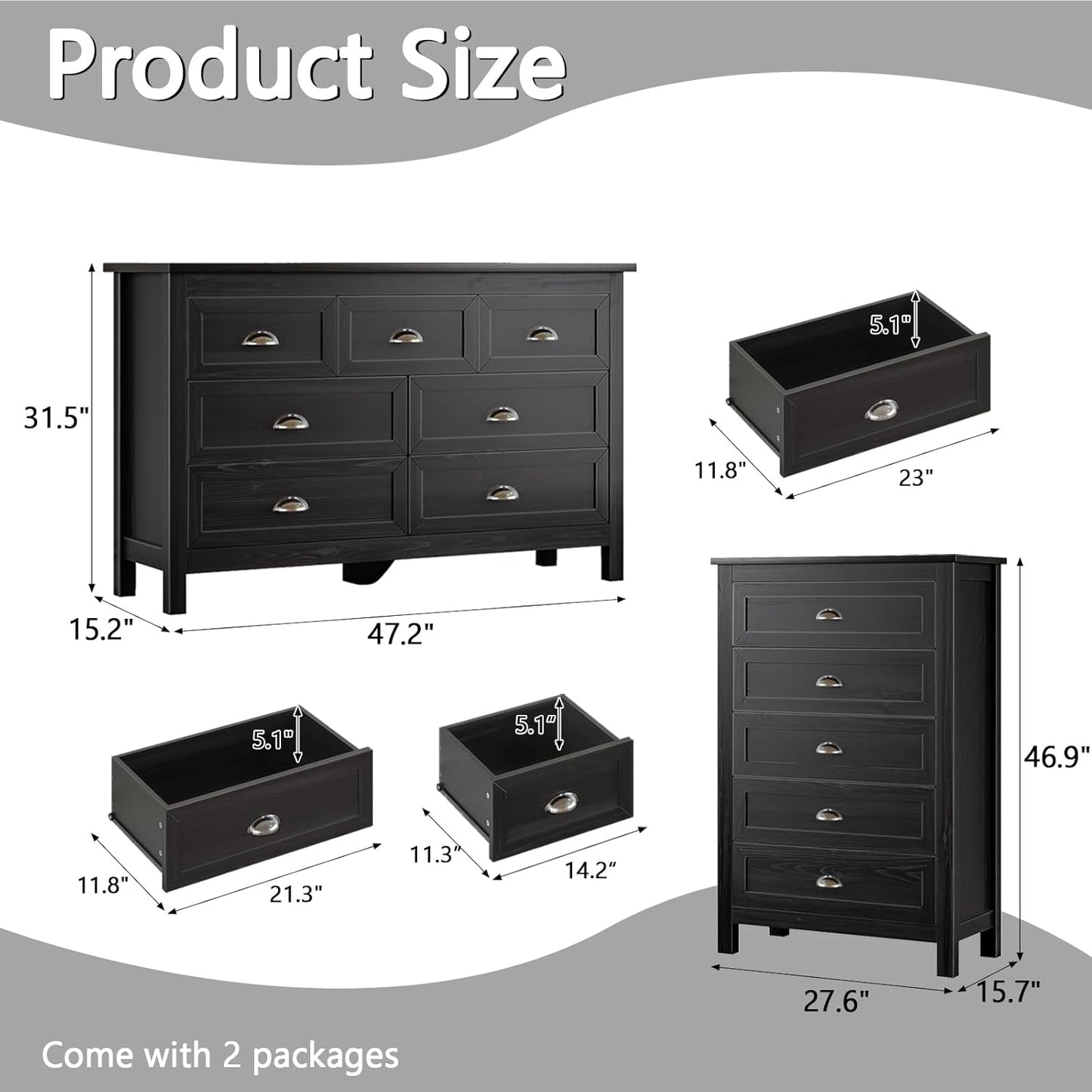 Farmhouse 2-Piece Bedroom Dresser Set, 7 Drawer Wide Dresser & 5 Drawer Tall Dressers, Distressed Wood Grain Finish with Shell Handles, Dressers Chest of Drawers for Bedroom