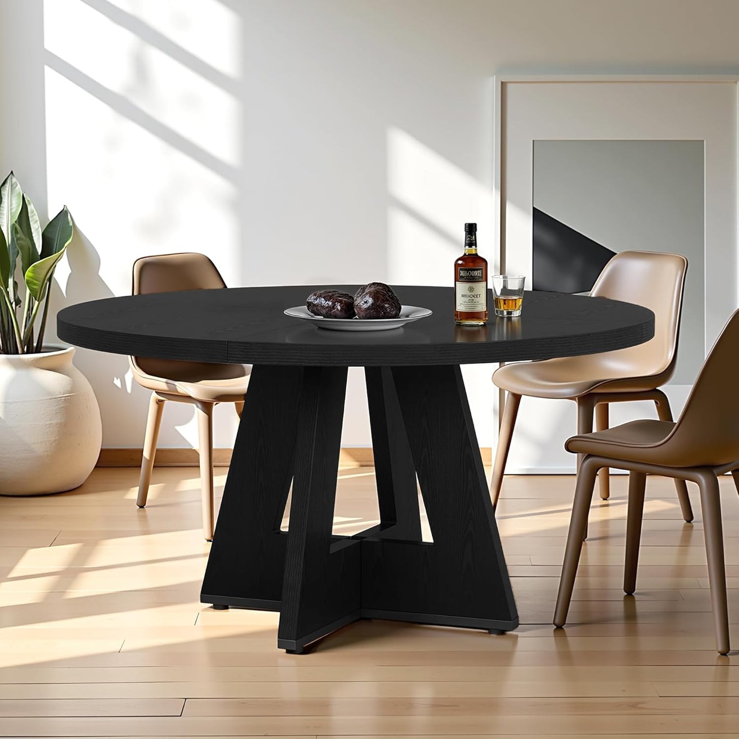 Round Dining Table for 4, 47 Inch Dinner Table Farmhouse Wooden Circle Kitchen Tables with Cross Base for Dining Room, Kitchen, Living Room, Black