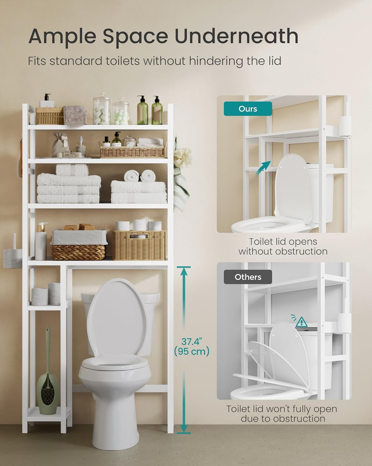 over the Toilet Storage, 4-Tier over Toilet Bathroom Organizer with Adjustable Shelves, 26 X 83 X 185 Cm, Space-Saving, Cloud White UBTS017W01