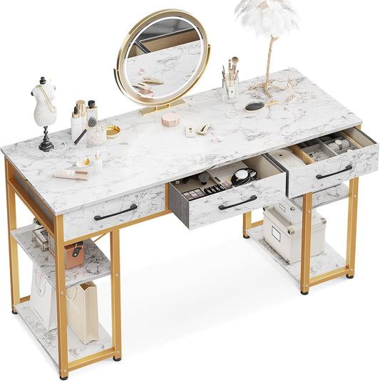 Vanity Desk with 3 Fabric Drawers & Storage Shelves, Makeup Dressing Table, Home Office Desks for Bedroom, Small Modern Writing Desk for Girls Bedroom, White and Gold, 48"X16" (No Mirror)