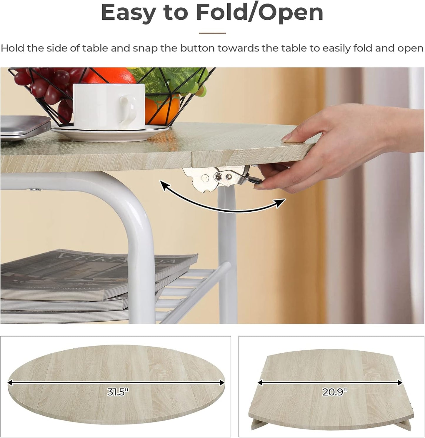 31.5" Drop Leaf Dining Table 3 Pieces for Small Space,Small Kitchen Table Set for 2,Round Folding Table with 2 Chairs for Home,Kitchen,Apartment,White&Oak