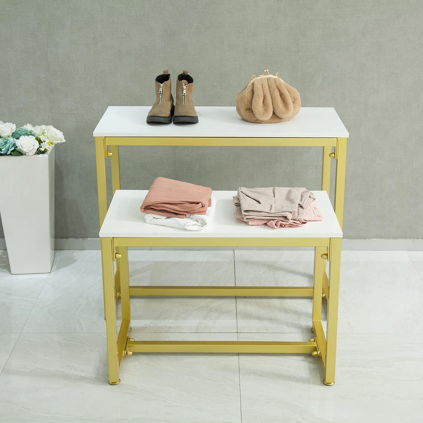 Metal Shoe Handbag Retail Display Racks, Nesting Tables 2 Piece Set, Display Stand for Retail Stores, Iron and Wood, Gold