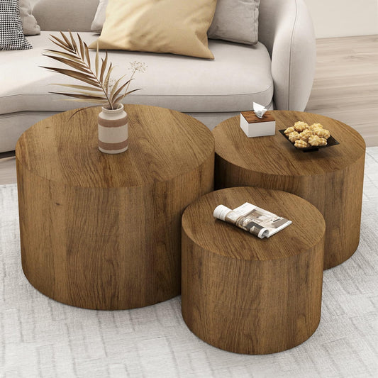 Nesting Coffee Table Set of 3, round Wooden Coffee Tables, Modern Circle Table for Living Room, Bedroom, Accent Side Table, Saving Space Design and No Need Assembly