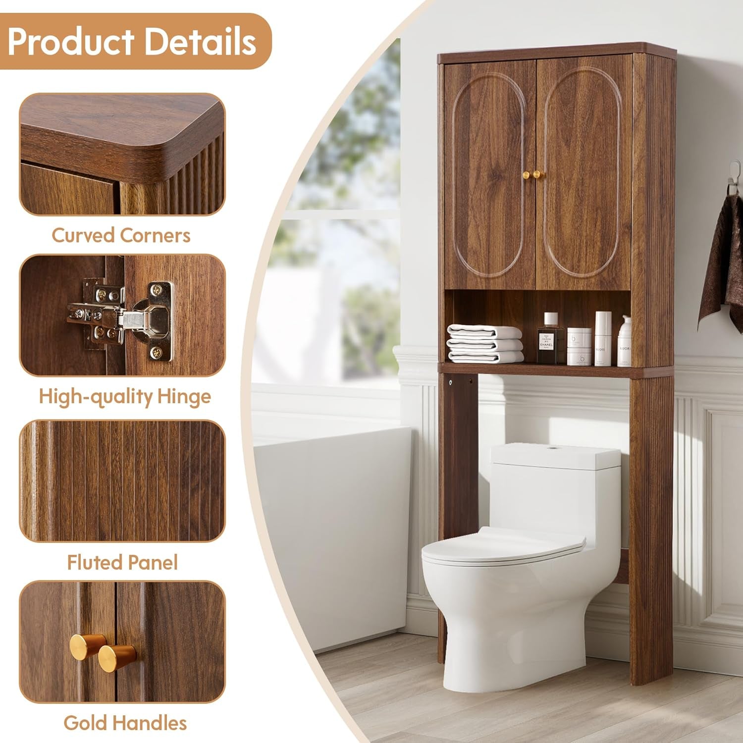 Fluted over the Toilet Storage Cabinet, Bathroom Toilet Storage Cabinet with Door, Wood Curved over the Toilet Space Saver Cabinets for Restroom Bathroom, Black