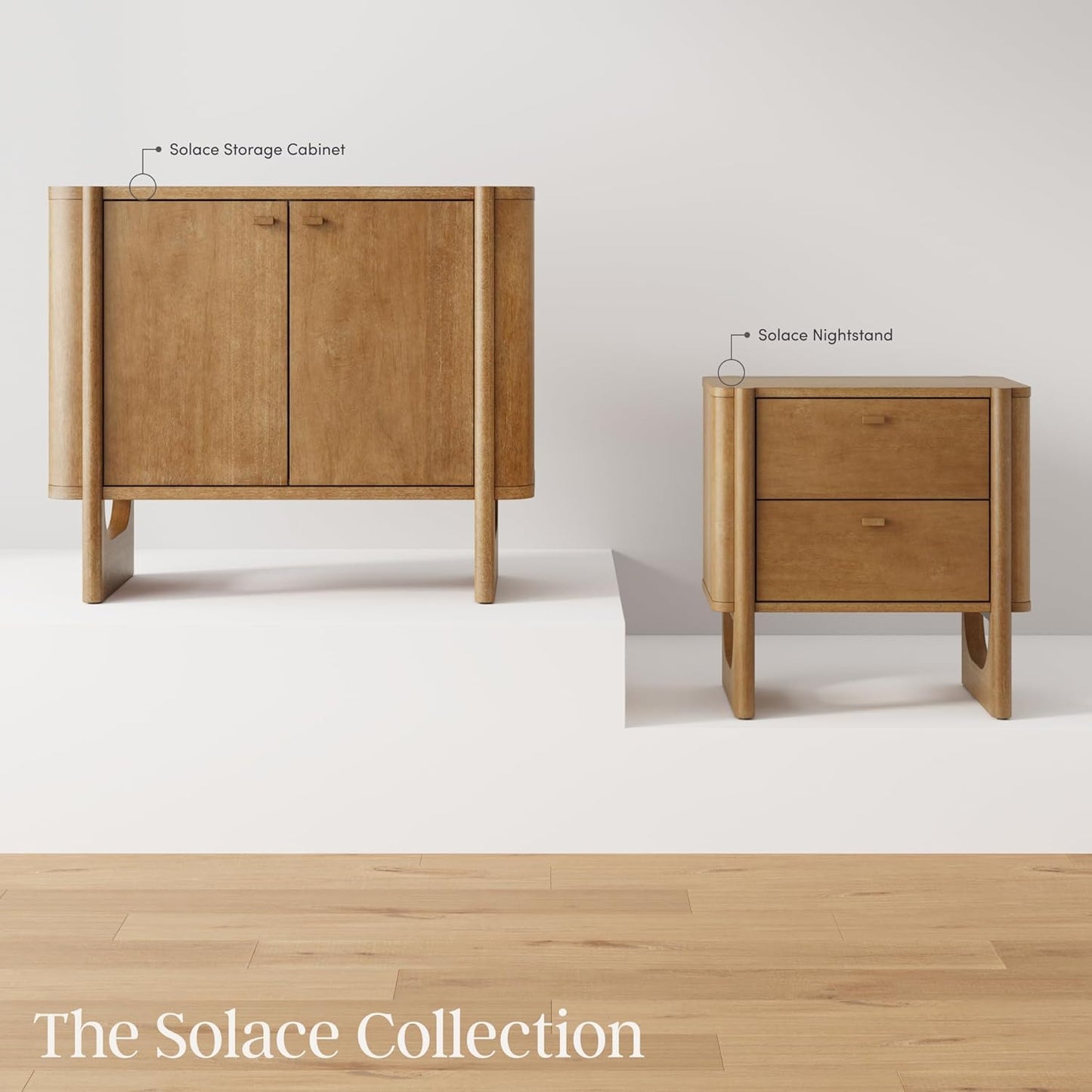 Solace Mid Century Modern Cabinet, Storage Cabinet or Accent Cabinet with Doors with Solid Wood Legs and Adjustable Shelf, Light Brown