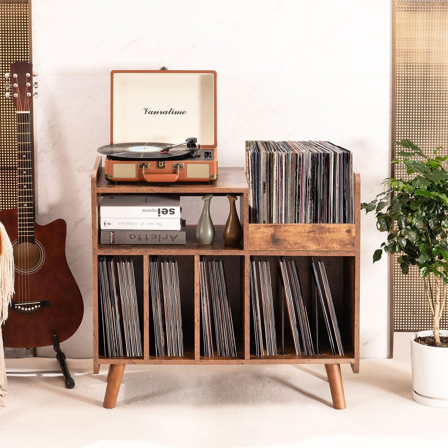 Record Player Stand, Large Record Player Table Cabinet with Open Vinyl Storage and Display Shelf Holds up to 350 Albums, Mid Century Wood Turntable for Living Room, Bedroom (Brown)