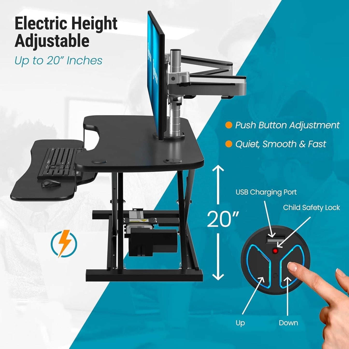VRSADESK Powerpro™ Electric Standing Desk Converter - Height Adjustable Desk Riser with Keyboard Tray & USB Hub - Holds 80 Lbs - Ergonomic Sit Stand Workstation for Home & Office | Maple (40” X 24”)