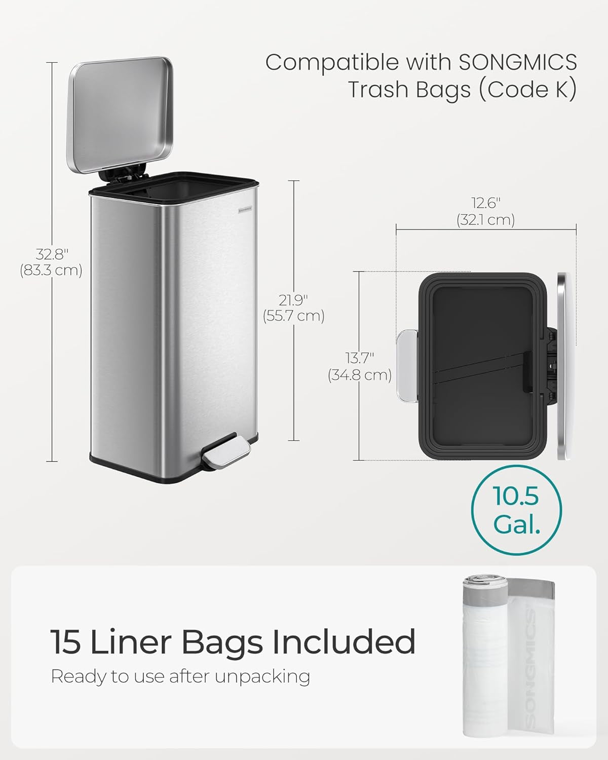 Kitchen Trash Can, 10.5 Gallon (40 L) Garbage Can, Large Step Trash Bin with Lid, Stainless Steel, Soft Close, 15 Trash Bags Included, Silver ULTB540E40