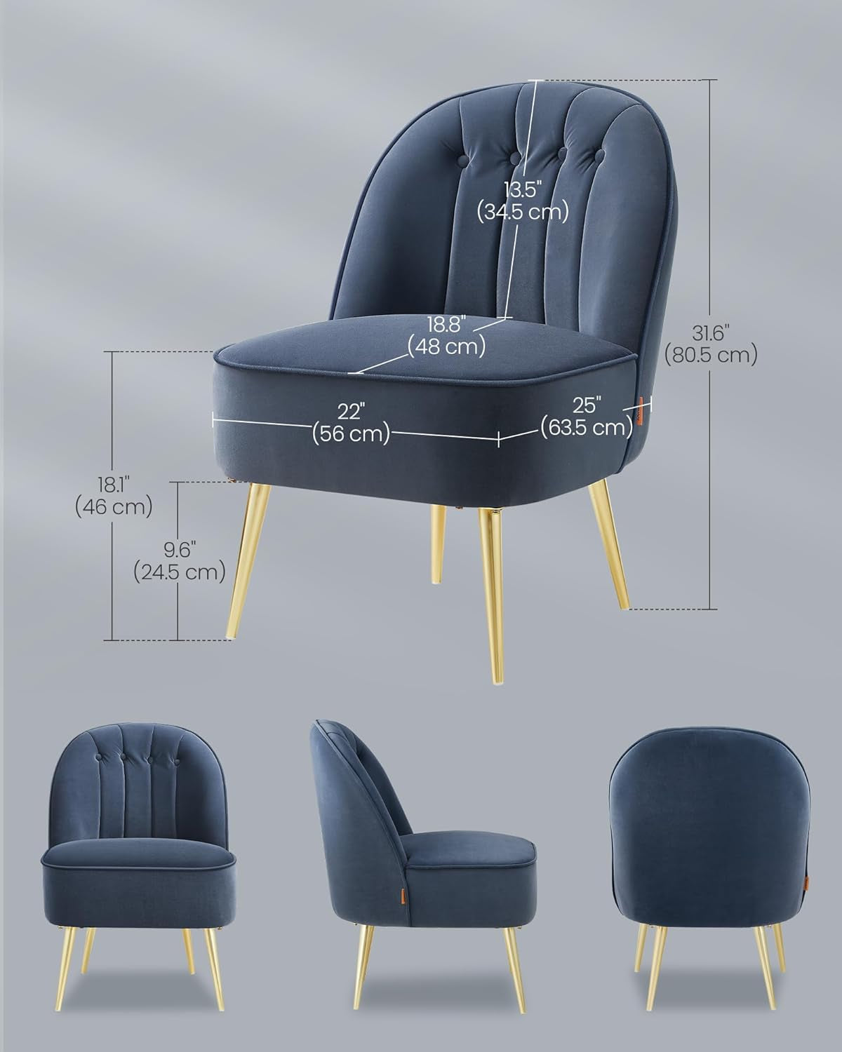 Accent Chair, Velvet Vanity Chair with Metal Legs, Shell-Shaped Back, Wide Seat, Luxury Style, Comfy Chair for Living Room, Bedroom, Makeup Room, Office, Charcoal Blue ULAC017Q01