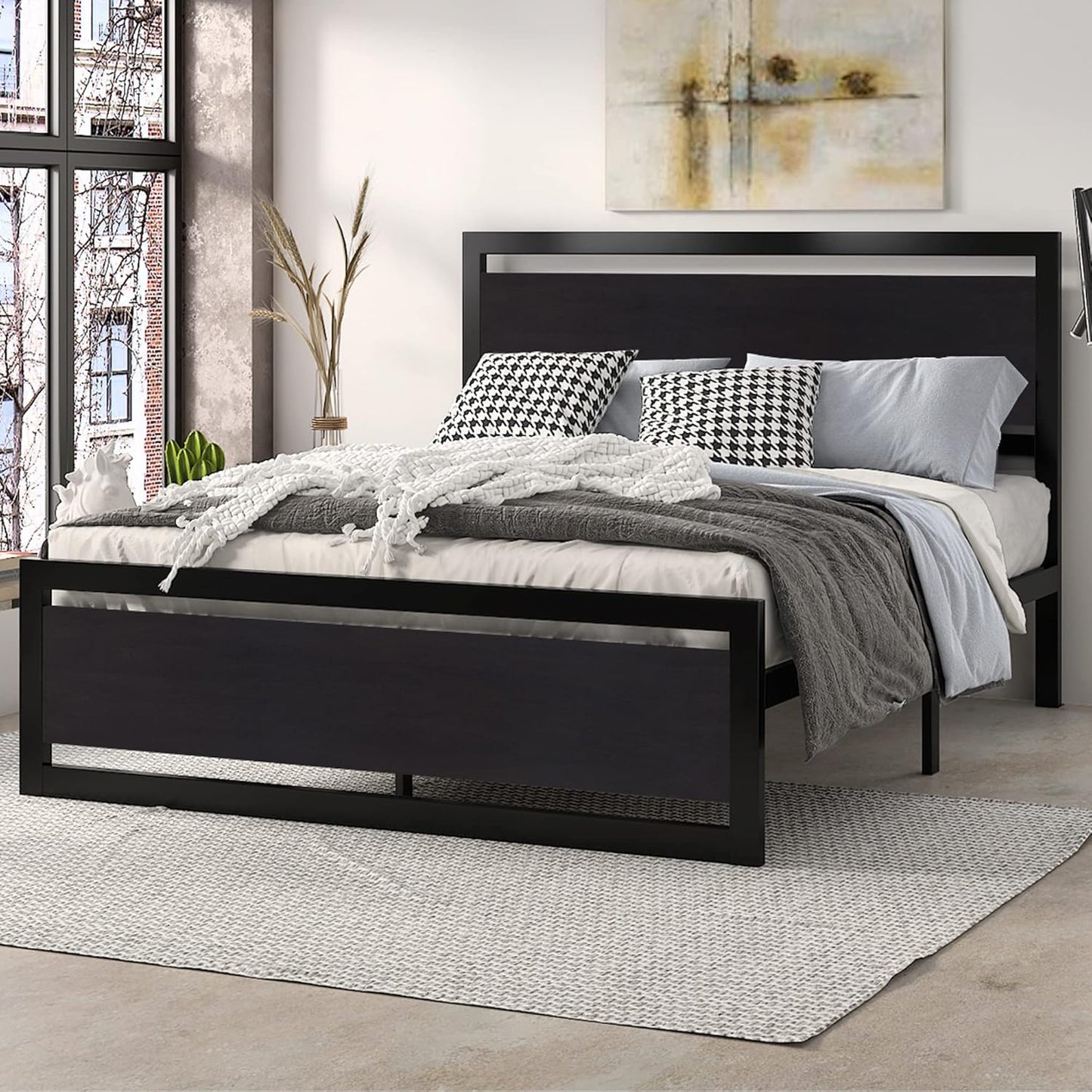 Queen Size Bed Frame with Modern Headboard, Heavy Duty Platform Metal Base with Square Footboard and 13 Strong Slats Support, No Box Spring Needed, Black