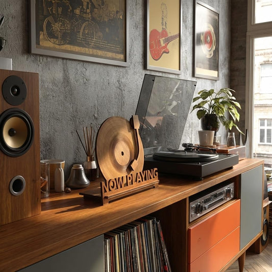 Now Playing Vinyl Record Holder for Record Player Stand | 3D Laser Rustic Vintage Now Spinning Vinyl Record Storage Stand Display | Wooden Sleeves for Music Albums