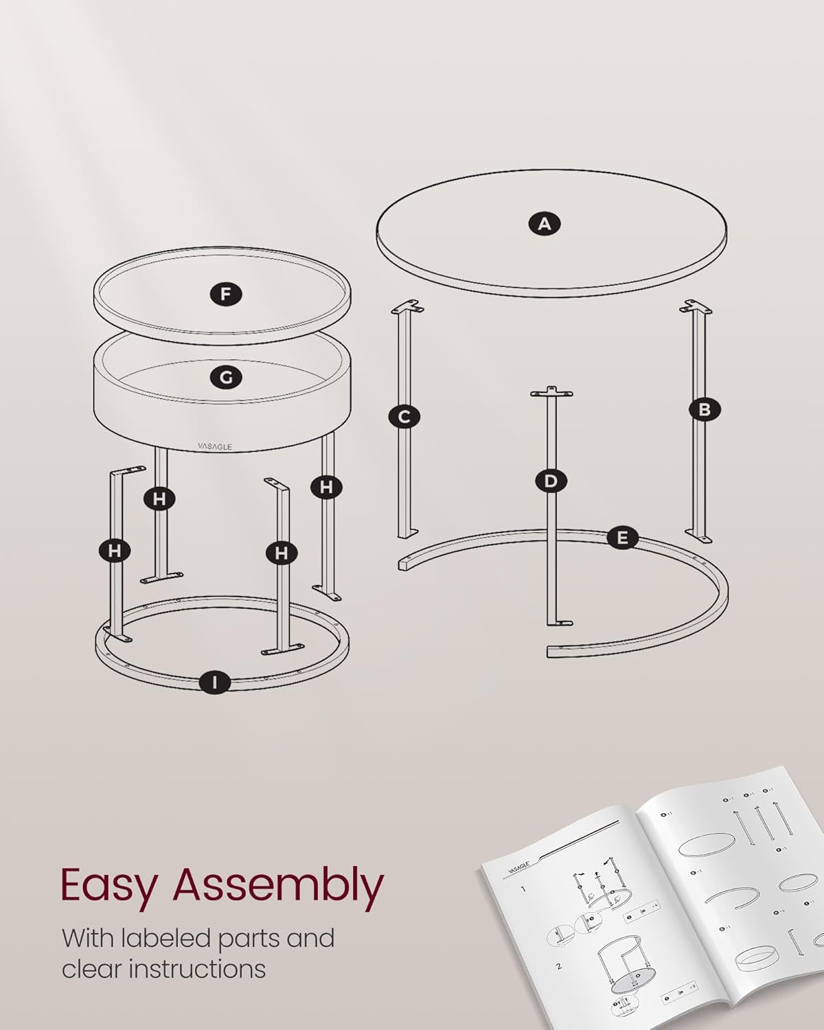 round Coffee Tables, Set of 2 Nesting Tables, Modern round Side Tables with Hidden Storage and Top Tray, for Living Room, Bedroom, Office, Ebony Black and Ink Black ULCT044B56