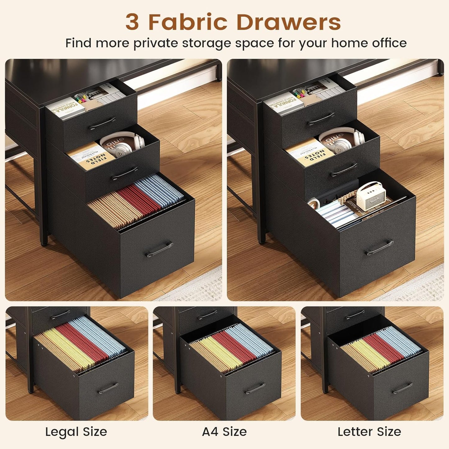 L Shaped Desk with Hutch and 3 Drawers, Convertible 94.5" Computer Desk with File Drawer, L Shaped Office Desk with Power Outlet, LED Lights, Storage and Pegboard for Home Office, Brown