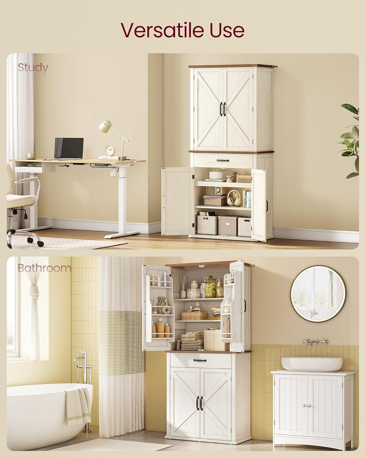 LIRY Collection - Pantry Cabinet, 70.3-Inch Tall Farmhouse Kitchen Storage Cabinet with Barn Doors, Drawer, Tray, Adjustable Shelves, for Kitchen, Dining Room, Rustic White UBBK364W01