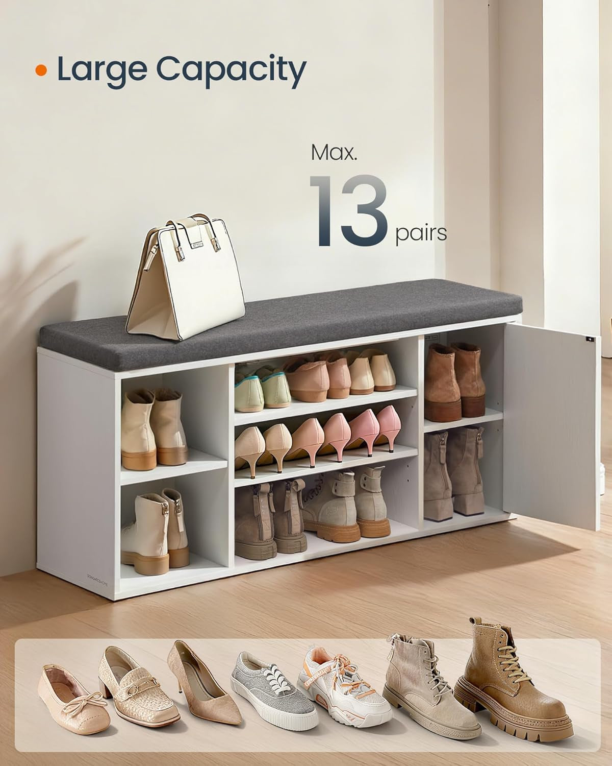 Storage Bench, Superfast Toolless Assembly, 41" Wide Entryway Shoe Cubby Bench with Cushion & Adjustable Shelves, Window Shoe Rack Cabinet, Snow White and Slate Gray ULHS391WE02S