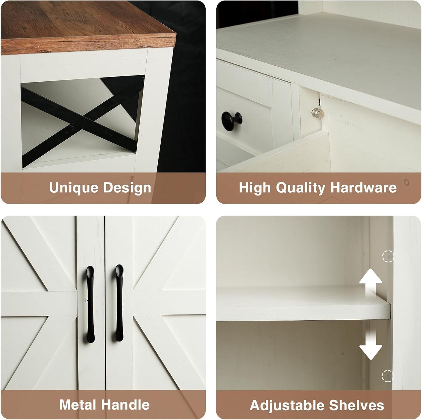 Farmhouse White Storage Cabinet with Doors and Drawers, Freestanding Kitchen Pantry Cabinet, Floor Storage Cabinet Hutch Cupboard for Kitchen, Living Dining Room, Bathroom
