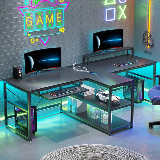 94.5" White Computer Desk, Two Person Gaming Desk with LED Light, Keyboard Tray, Power Strip with USB, Monitor Shelf & Storage, Extra Long Double Desk for Home Office, White.