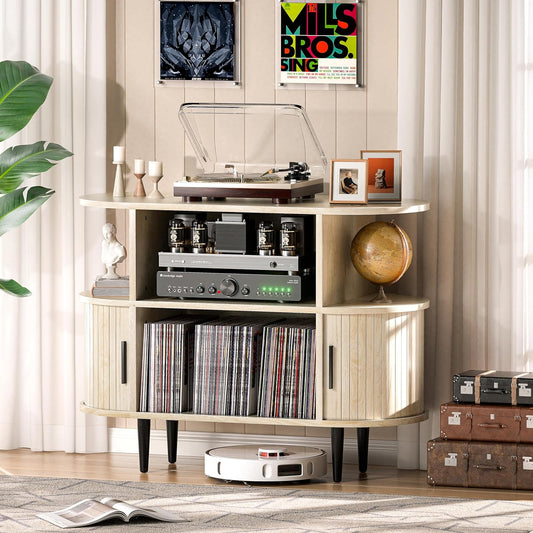 Large Record Player Stand with Storage and Shelves, Mid Century Modern Record Player Cabinet with Doors, Vinyl Record Player Table Holds 150+ Records for Living Room Bedroom (Nature)