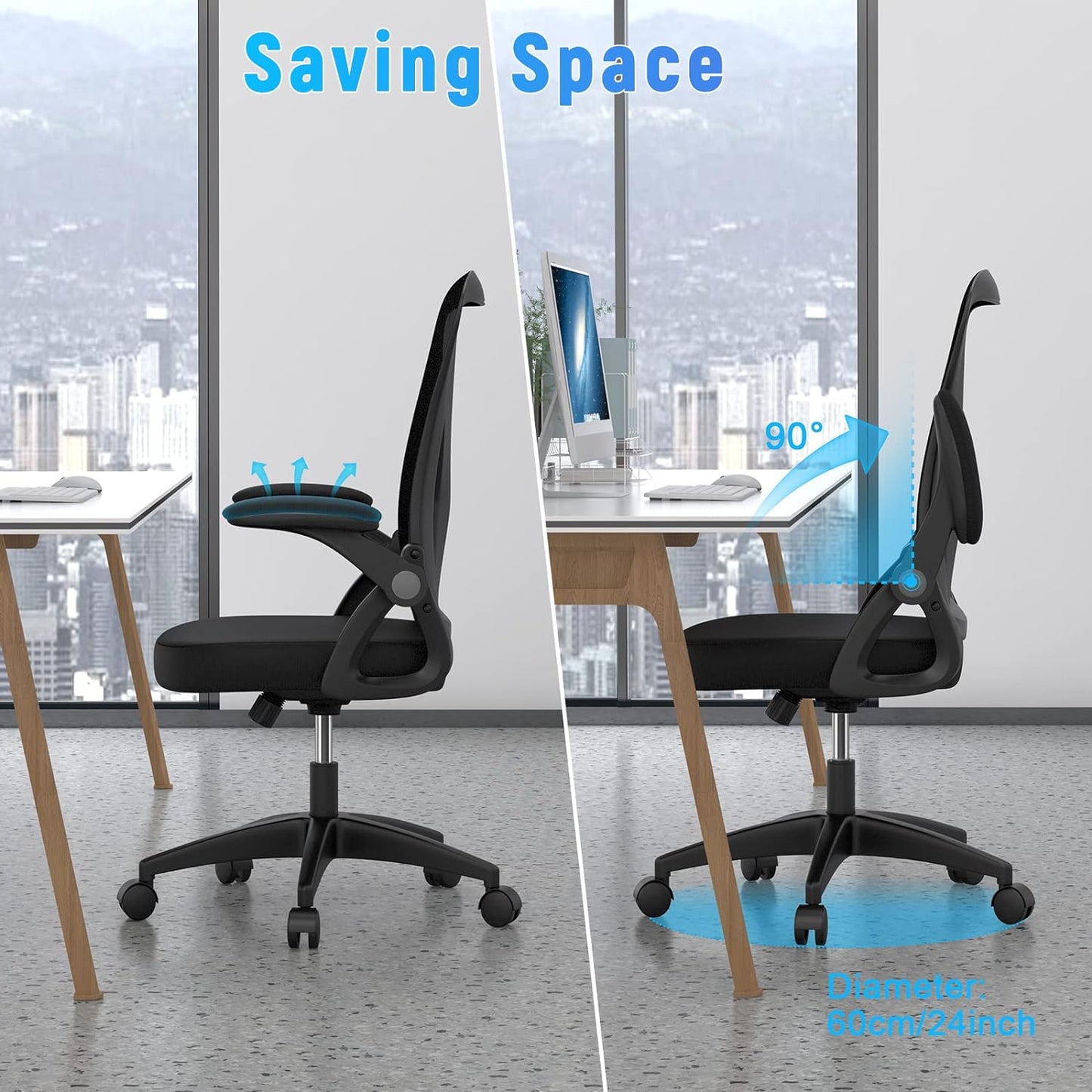 Ergonomic Office Chair, Mid Back Desk Chairs with Adjustable Height, Swivel Chair with Flip-Up Arms and Lumbar Support, Breathable Mesh Computer Chair for Home/Study/Working, Dark Black
