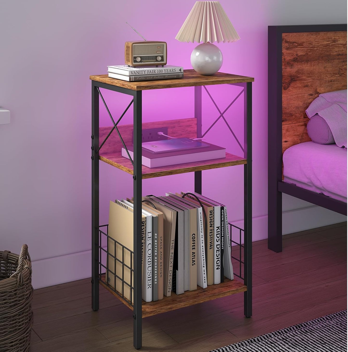 Rustic brown three-tier LED end table with vinyl storage, view 7