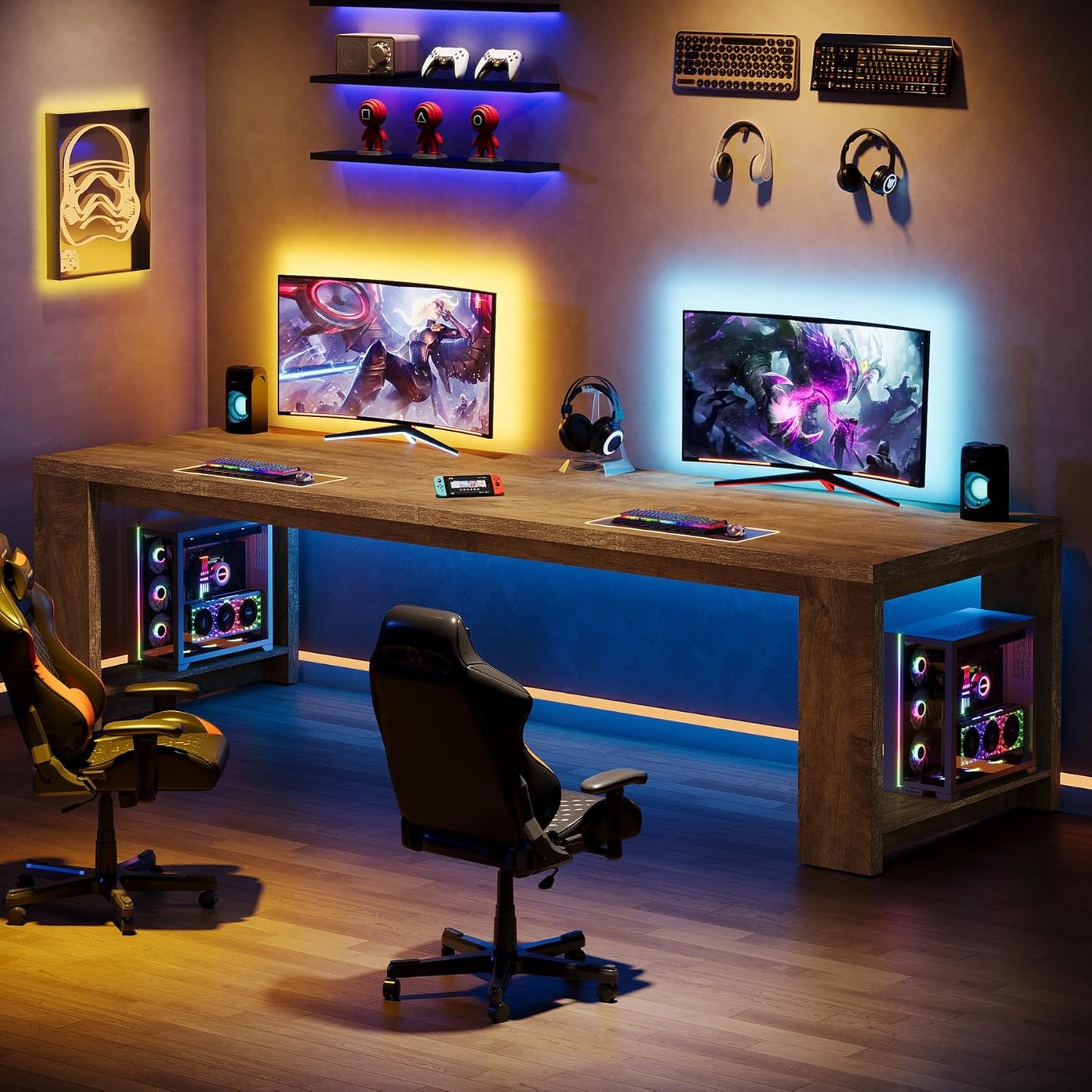 Two Person Desk, 86.6 Inches Extra Long Desk, Double Computer Writing Table, Wood Large Desks Workstation for Home Office, Natural Oak