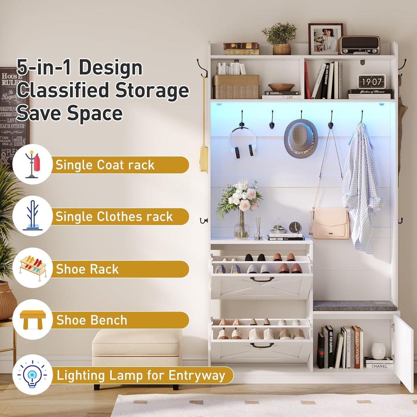 Entryway Hall Tree with Bench and Shoe Storage, 5-In-1 Narrow Hall Tree with LED Light, Cushioned Stool & 9 Hooks, 2 Flip Drawers, 78" Coat Shoe Rack for Mudroom, Hallway, Living Room, White