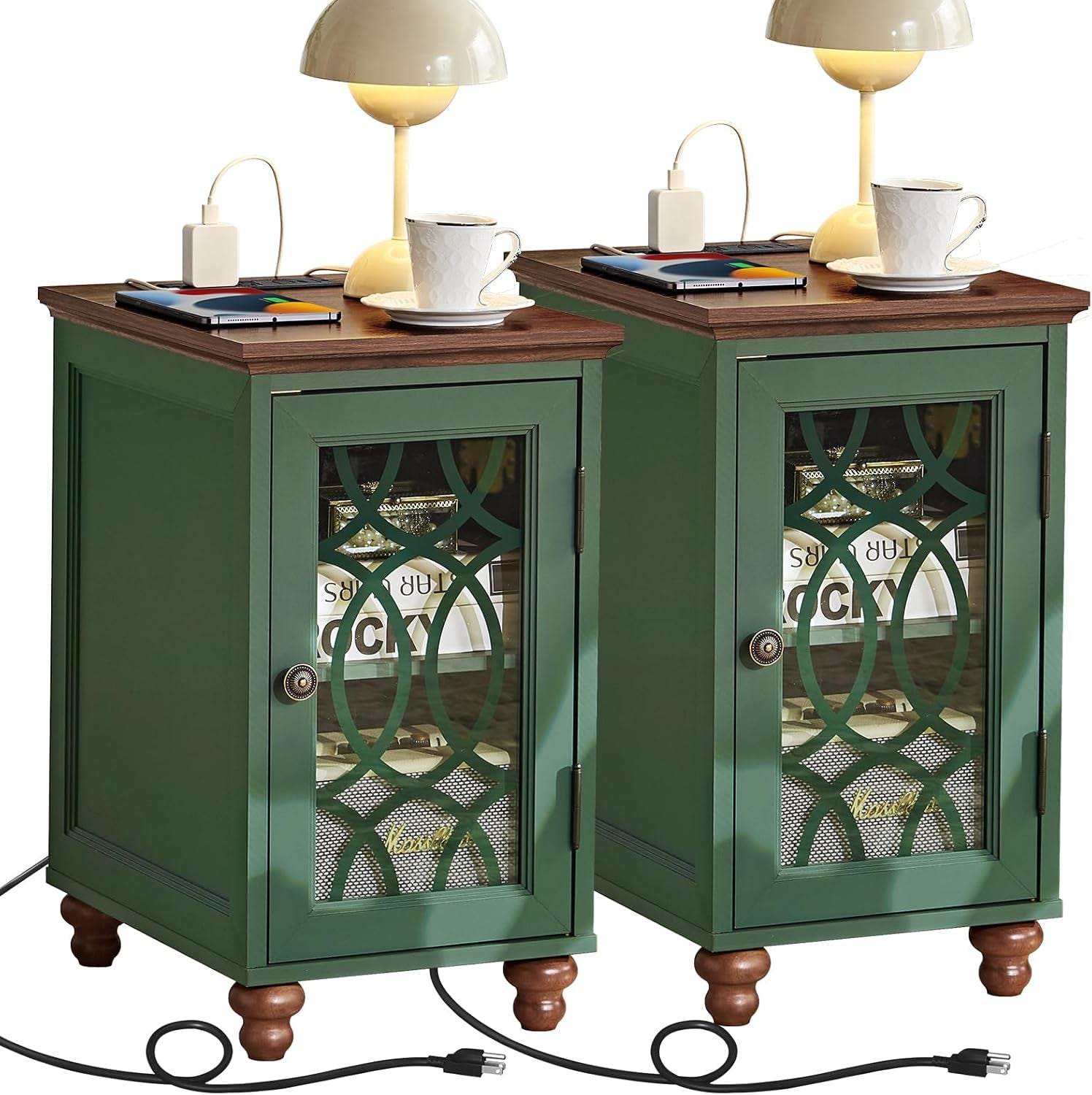 Narrow Side Table with Charging Station Set of 2, Night Stand with Glass Door,Bedside End Tables with Adjustable Shelf Storage Cabinet,Wood Nightstand for Small Spaces Living Room Bedroom