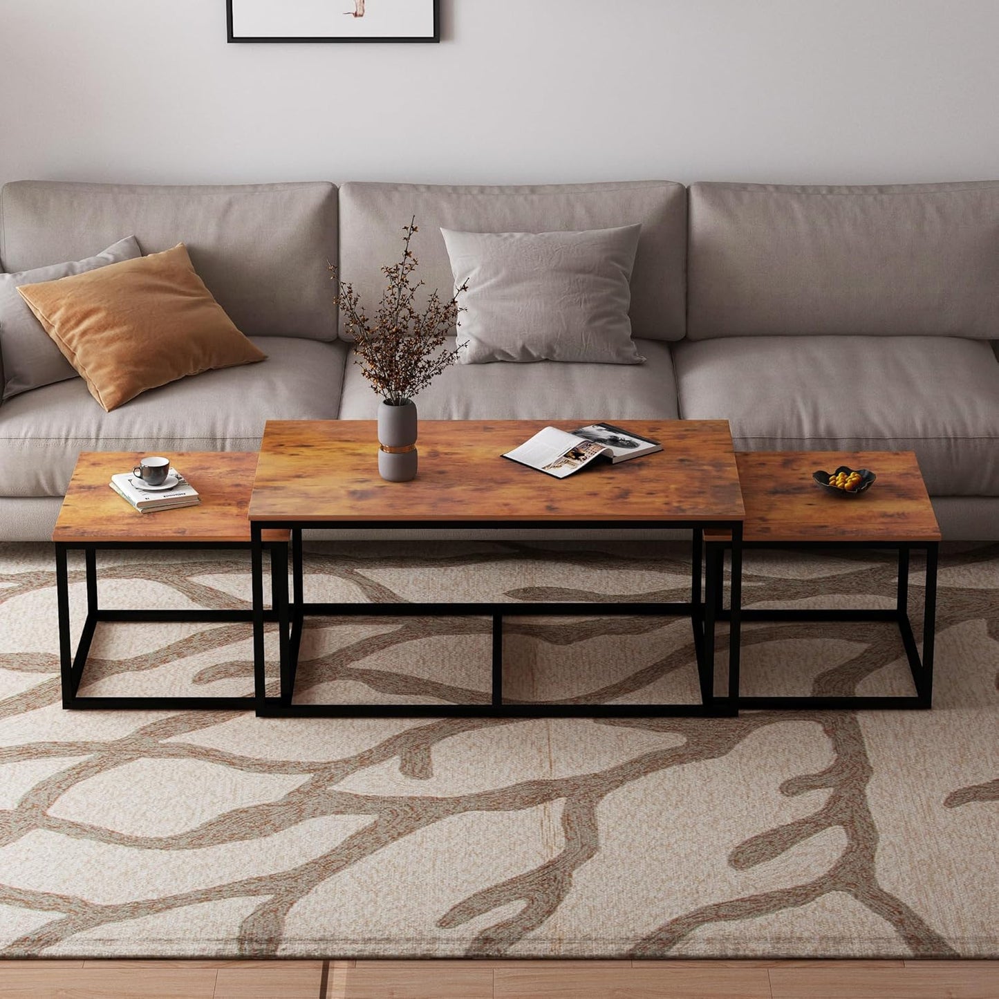 Nesting Coffee Tables,3 Piece Living Room Coffee Table,Industrial Rectangular Coffee Table Set,End Table Side Tables for Living Room Bedroom