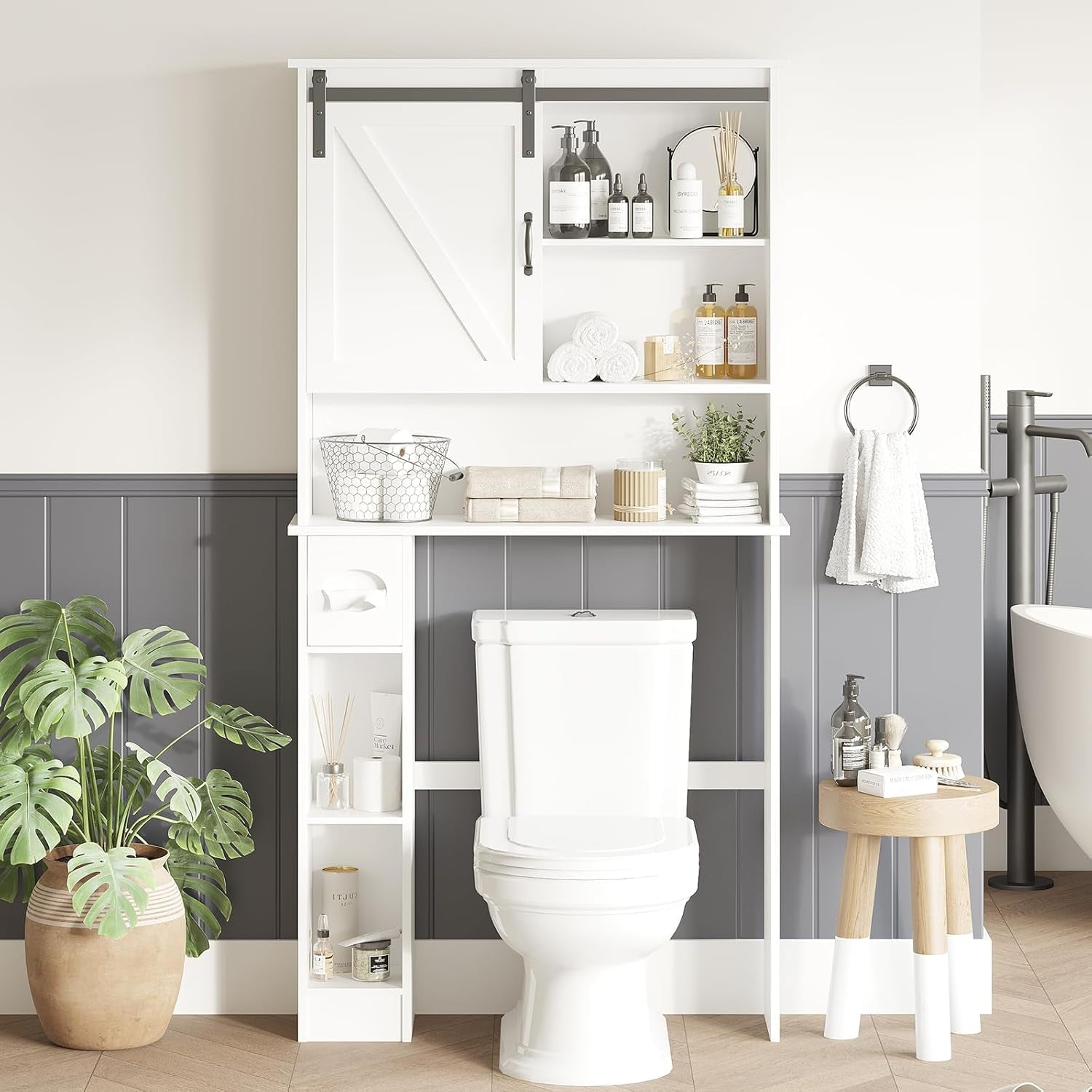 Over-The-Toilet Storage Cabinet, Bathroom Organizer with Double Doors, Adjustable Shelves, Space-Saving Toilet Shelf for Small Bathrooms, White, Freestanding Design