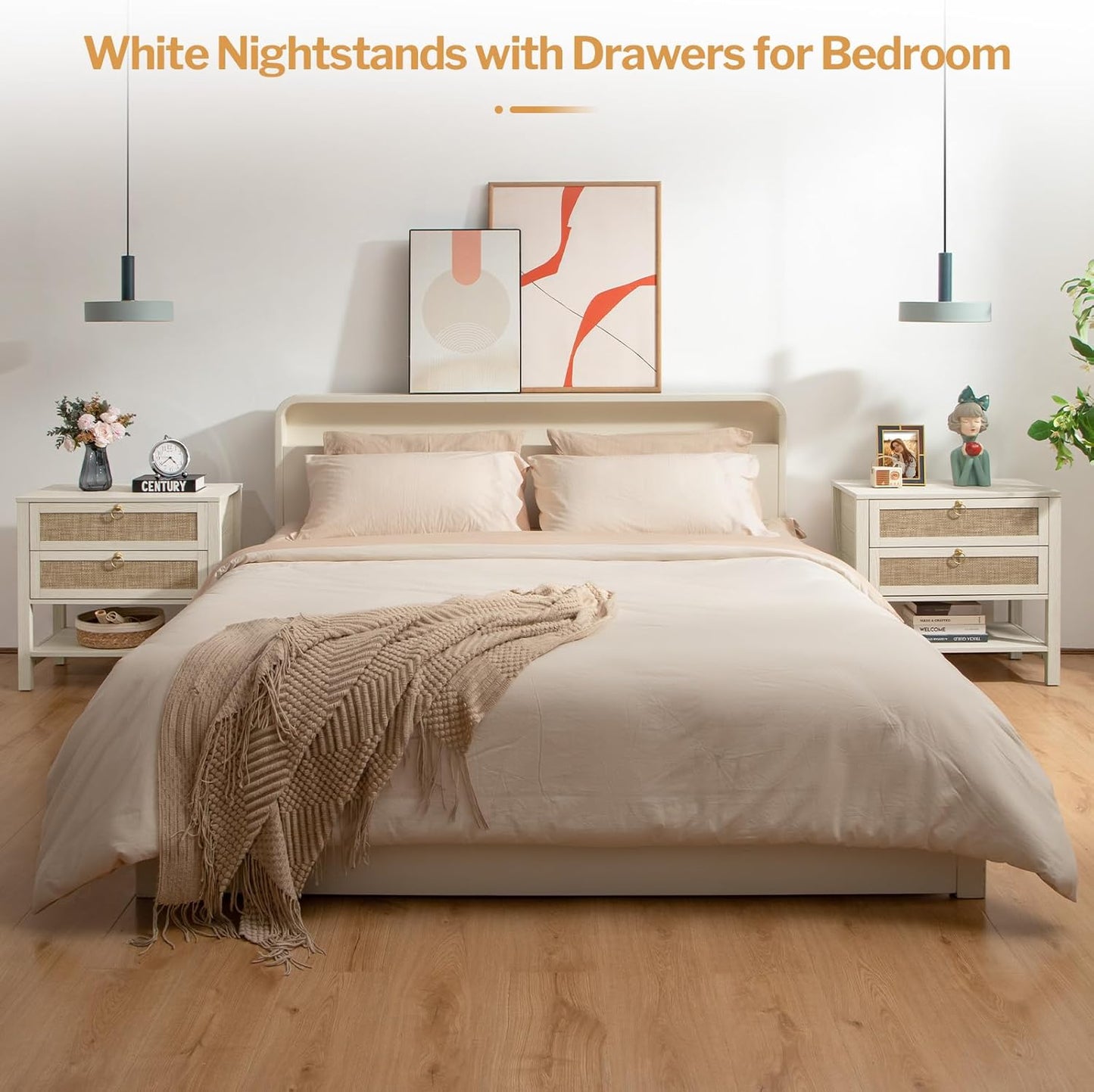 White Night Stand Set of 2, Large Nightstand with Drawers and Storage Shelf - Rattan Boho Bedside Table Narrow Side Table for Bedroom, Small Space