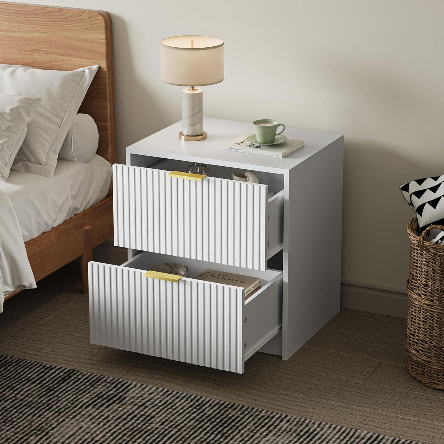 3-Piece Dresser Bedroom Set, 9 Drawer Dresser & 2 Drawer Nightstands with Gold Handles, Fluted Wood Chest of Drawers for Bedroom, Living Room, Entryway, White