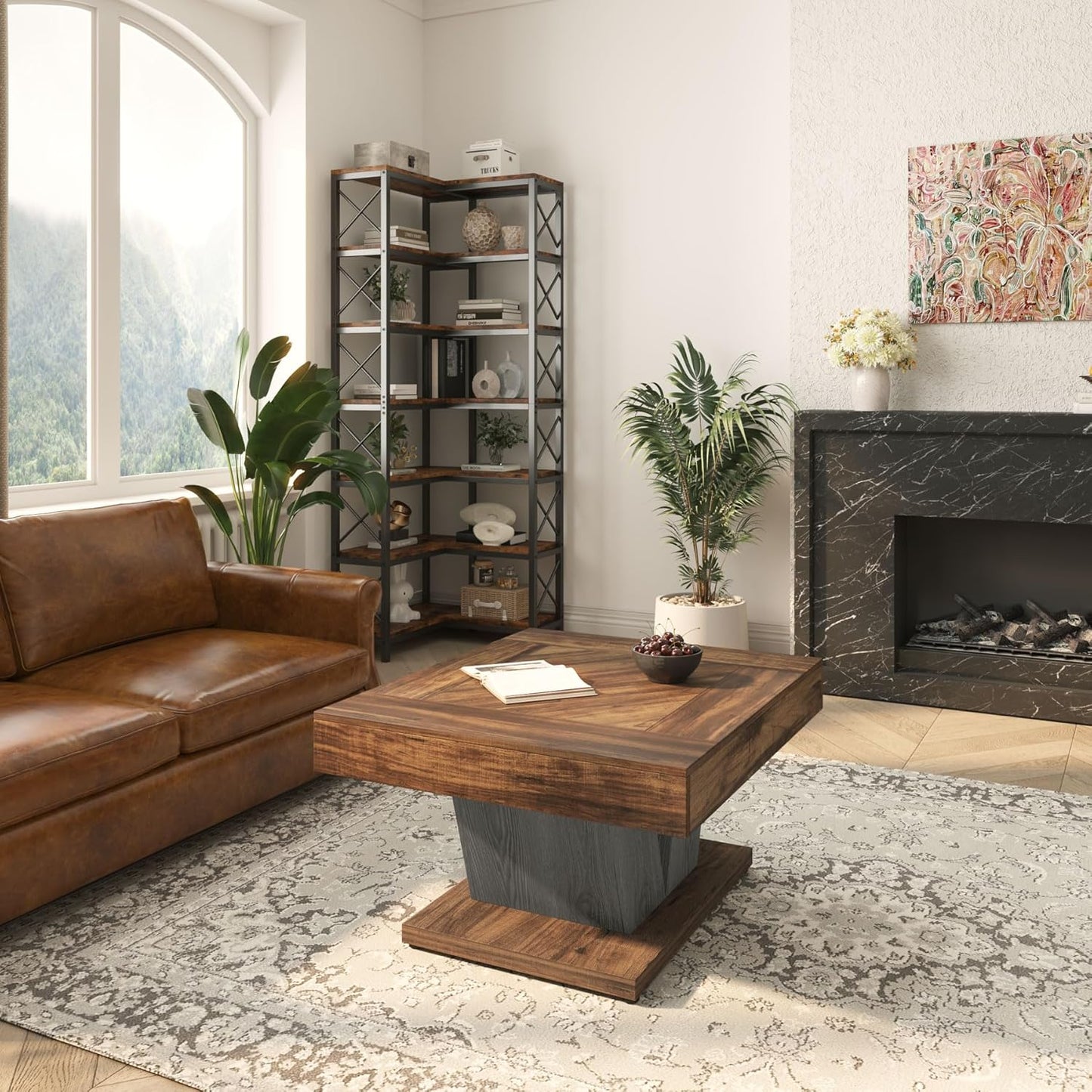 Square Coffee Table, Wood Center Table for Living Room, 31.5" Modern Cocktail Tea Accent Table, Rustic Brown & Black