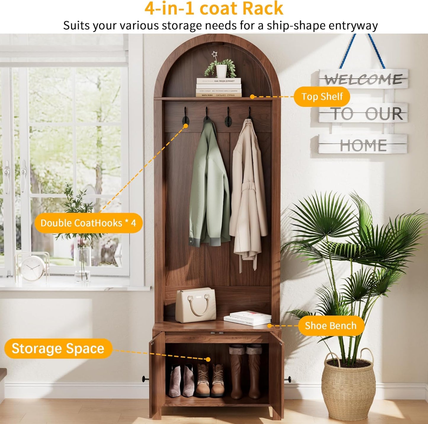Hall Tree with Bench and Shoe Storage, Entryway Storage Bench with Coat Rack, 70.9" Arch Coat Rack with 4 Hooks and 2 Fluted Doors, Farmhouse Style Furniture Organizer for Hallway,Mud Room