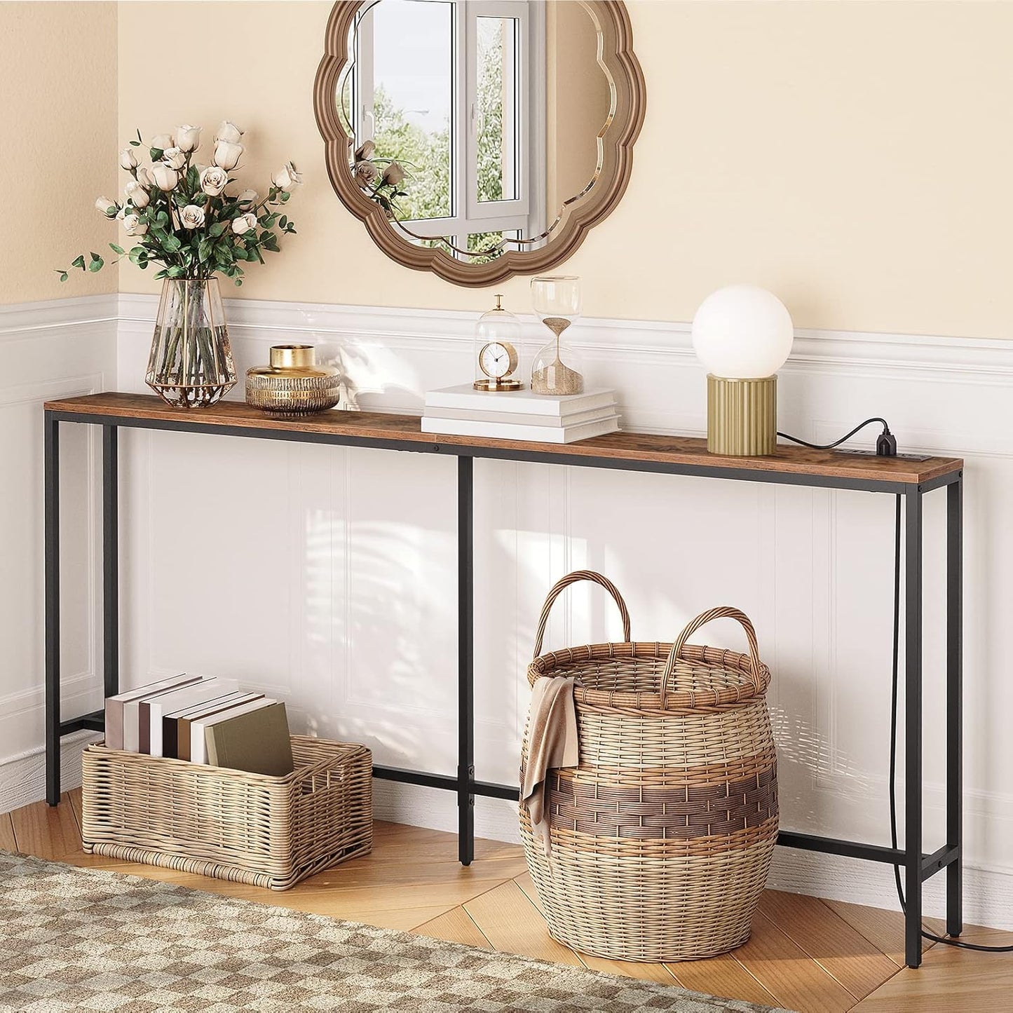 70.9'' Console Table with Power Outlet, Narrow Sofa Table with Charging Station, Skinny behind Couch Table for Entryway, Hallway, Foyer, Living Room, Rustic Brown CTHR18E01Z1