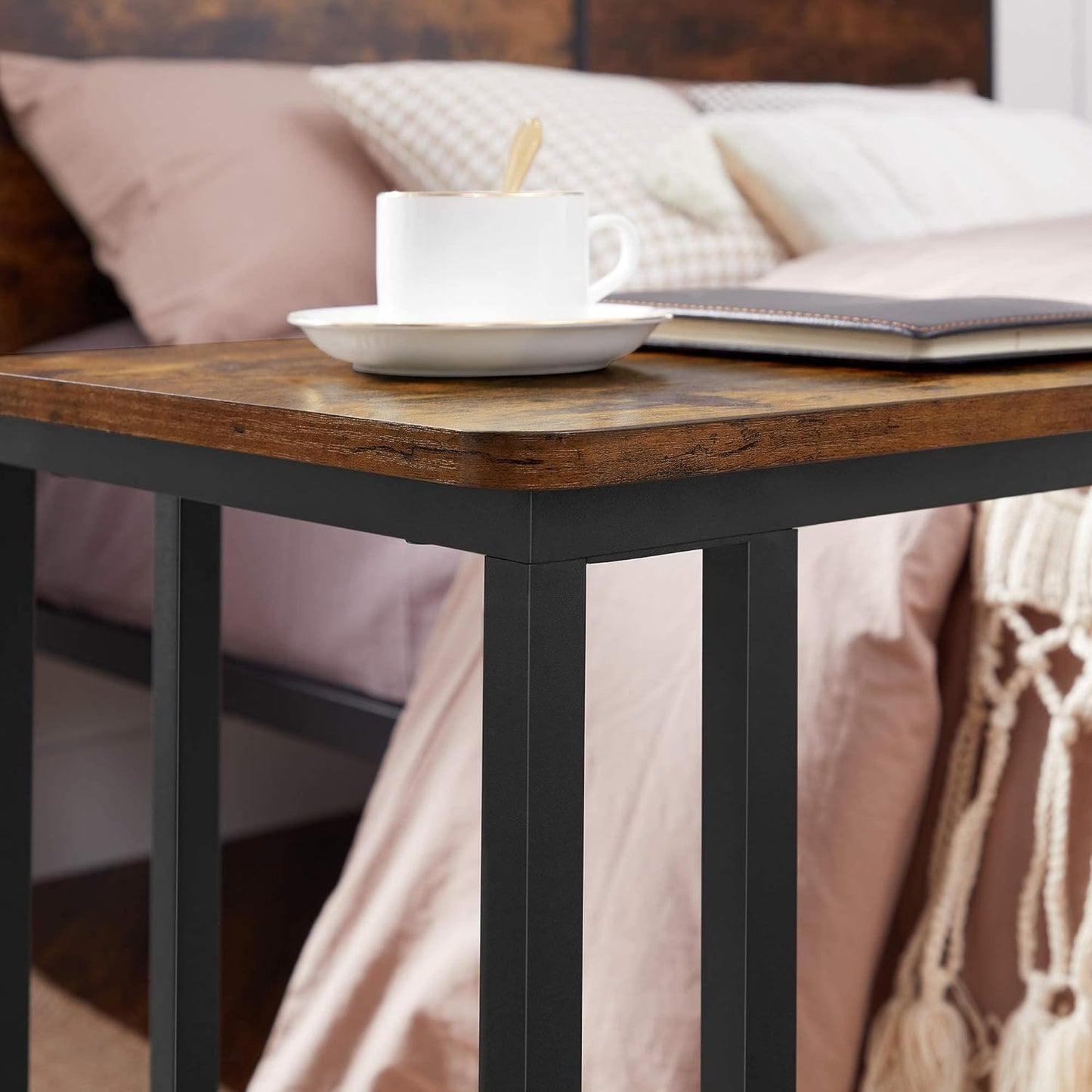 End Table, C Shaped TV Tray with Metal Frame Rolling Casters, Industrial Side Table for Living Room Bedroom, 19.7 X 13.8 X 23.6 Inches, Rustic Brown and Black