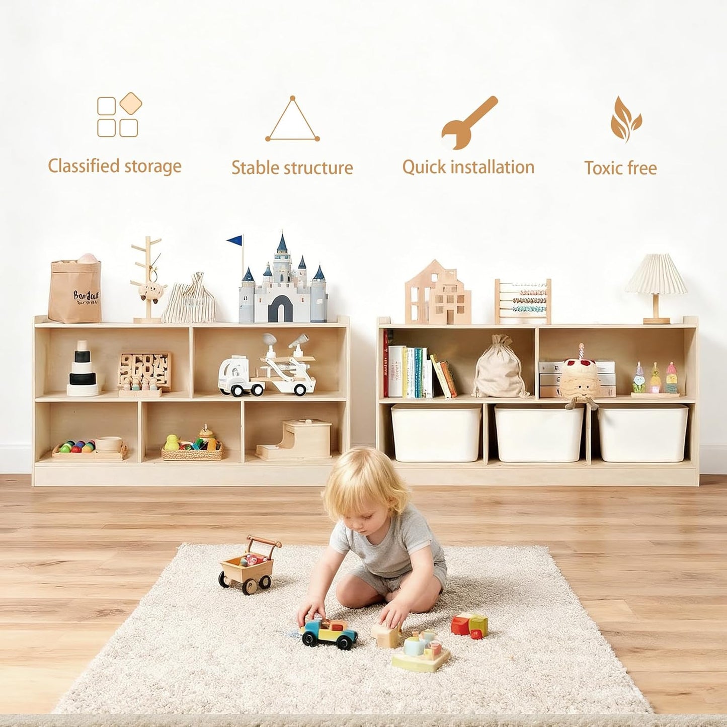 Wooden Toy Shelf for Kids, Montessori Book & Toy Organizer with Open Shelving, 5-Section Customizable Layout for Kids’ Room, Playroom & Classroom