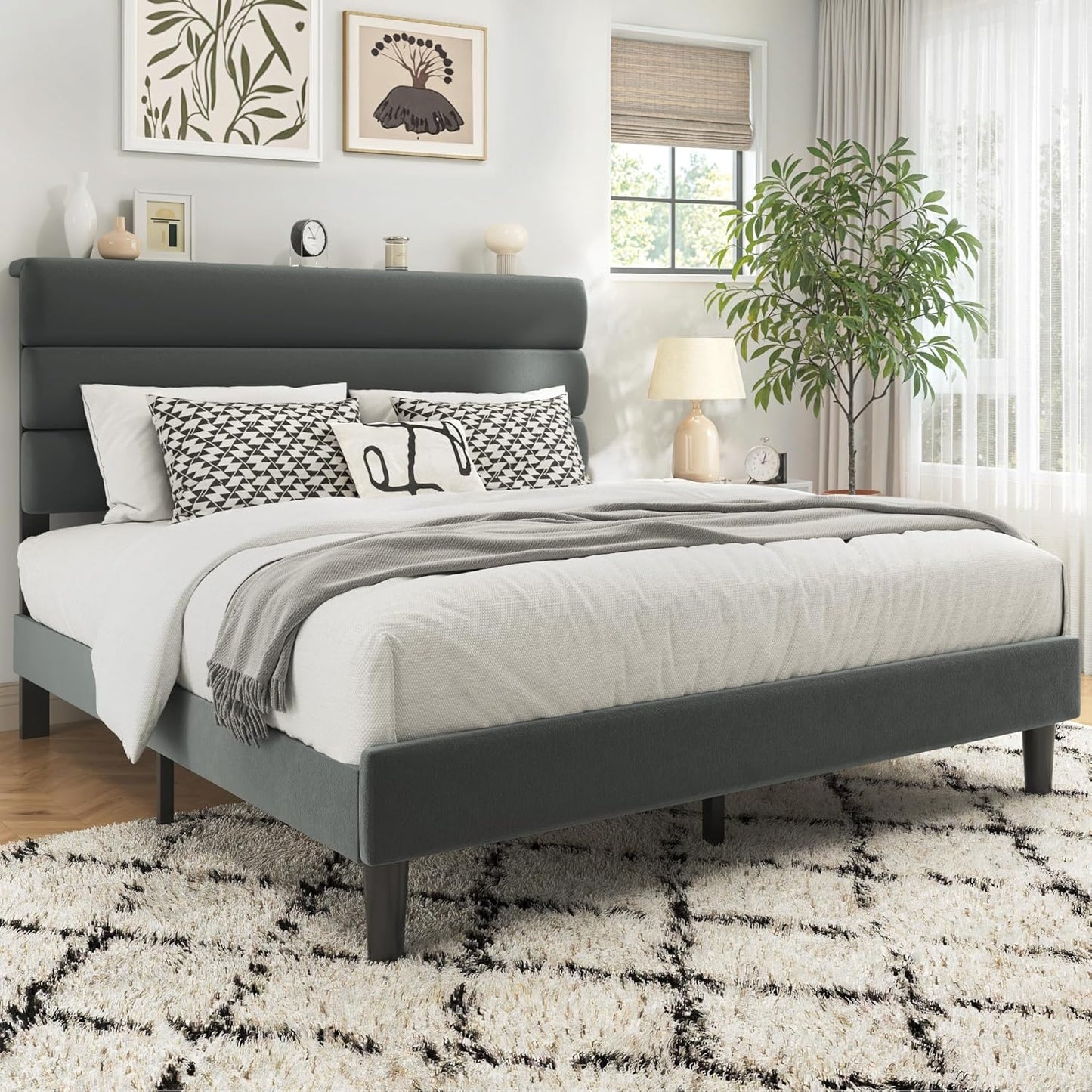 Grey queen platform bed frame with velvet upholstered headboard, view 7