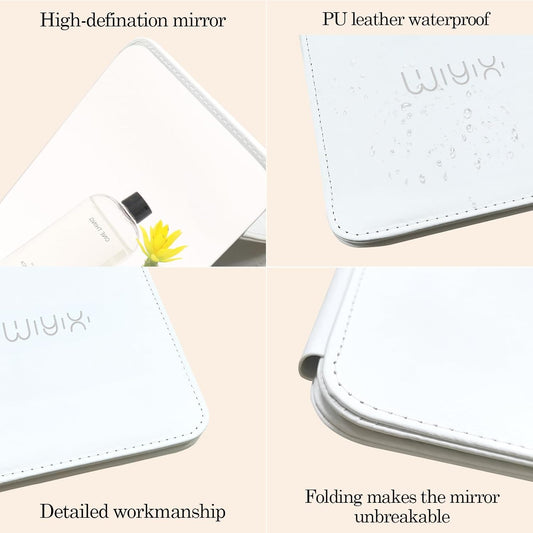 Foldable Travel Makeup Mirror, Adjustable Angle Portable Standing Vanity Mirror, Compact PU Leather Design for Home/Camping/Desktop Use,Elegant White(8.4"X6")