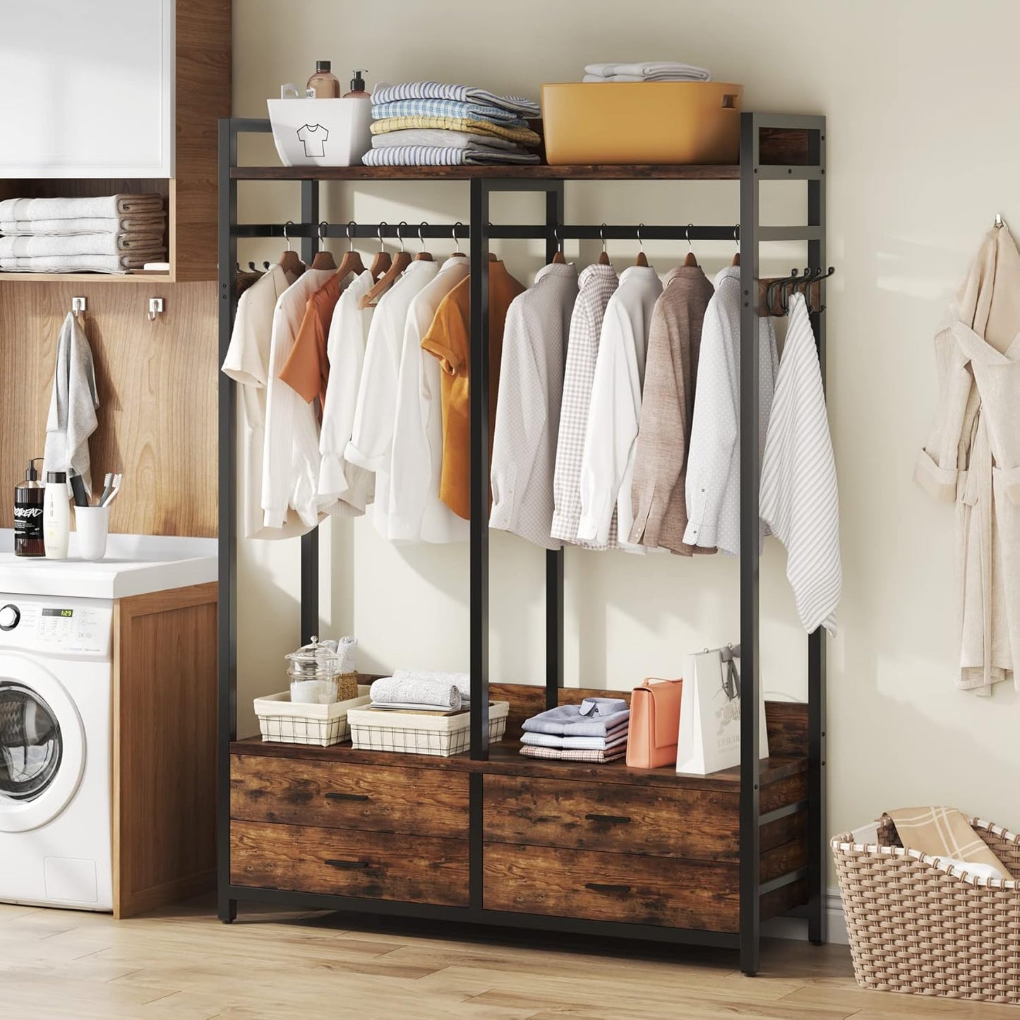 Freestanding Closet Organizer for Hanging Clothes, Heavy Duty Garment Rack with 4 Drawers, 8 Hooks and Storage Shelves, Wardrobe Closet Clothing Rack for Bedroom, Living Room, Rustic Brown