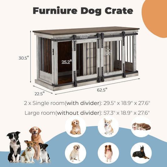 62.5'' Large Dog Crate Furniture, Solid Wood Furniture Style Dog Crate with Removable Divider, Bite Resistant Dog Kennel Indoor, Dog Cage with Sliding Barn Door Design(White)