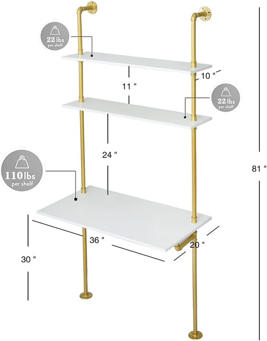 White and Gold Desk, 36" Ladder Desk, Wall Mount Computer Writing Table Pipe Shelf Shelving Mini Narrow Industrial Modern for Small Spaces(36X20X81)