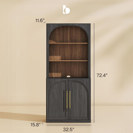 72" Tall Storage Cabinet with Hutch, Modern Wood Sideboard with Arched Doors and 3-Tier Shelves, Display Curio Cabinet for Kitchen, Dining Room, Living Room, or Office, Ebony